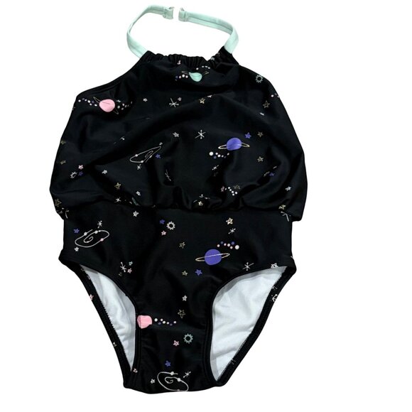 Cat & Jack Girls 3T Space Print Halter One-Piece Swimsuit Black - Picture 1 of 4